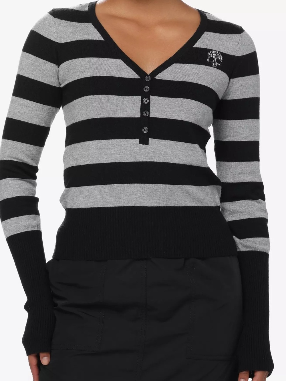 Black & Grey Stripe Rhinestone Skull Long-Sleeve Top